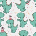 Seamless Pattern with Funny Dino, Birthday or Baby Shower, Vector Illustration