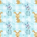 seamless pattern with funny dog and white bones.