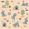 Seamless pattern of funny dogs playing in the garden on dark background Royalty Free Stock Photo