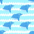 Seamless pattern with funny dolphin, blue waves. Vector background. Baby fabric textile. Summer backdrop. For wrapping, package