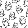 Seamless pattern with funny doodle cats with heart in paws. Outline contour hand-drawn illustration. Vector black and white print Royalty Free Stock Photo