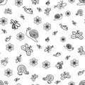Seamless Pattern of Funny Doodle Insects. Children Drawings of Cute Bugs, Butterflies, Ants and Snails. Sketch Style. Royalty Free Stock Photo