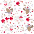 Seamless pattern with funny fairytale unicorns, winged cat and berries, flowers, leaves isolated on white background.