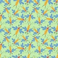 seamless pattern funny flies on green background