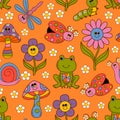 Seamless pattern with funny flowers, insect, frog, mushrooms