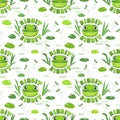 Seamless pattern with funny frog faces.