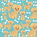 Seamless pattern funny golden beige dog and white bones, Kawaii face with large eyes and pink cheeks, boy and girl on blue