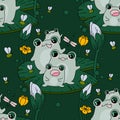 Seamless pattern with funny green frog family cartoon sitting on a leaf. Frogs sit on a leaf in the pond. Vector illustration in Royalty Free Stock Photo