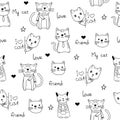 Seamless pattern with funny hand drawn cats. Animals vector illustration with adorable kittens. Tillable background for Royalty Free Stock Photo