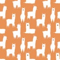 Seamless pattern of funny hand-drawn white llamas or alpacas on an orange background. Illustration for children, room, textile, cl