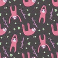 Seamless pattern with funny hanging smiling cartoon pink sloths and leaves on dark black background