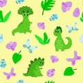 Seamless pattern with funny and happy dinosaurs, leaves, bugs, butterflies, orchid flowers on a yellow background.