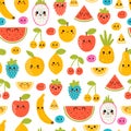 Seamless pattern with funny and happy kawaii fruit. Summer tropical healthy food. Cute cartoon background