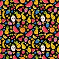 Seamless pattern with funny and happy kawaii fruit. Summer tropical healthy food. Cute childish cartoon background