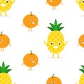 Seamless pattern with funny happy pineapple and orange