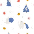 Seamless pattern with funny holiday cats, decorations, Christmas trees, gifr boxes