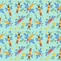 seamless pattern funny insects on blue