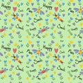 seamless pattern funny insects on green background