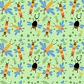 seamless pattern funny insects on green
