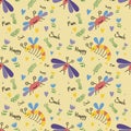 seamless pattern funny insects on yellow