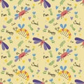 seamless pattern funny insects on yellow Royalty Free Stock Photo