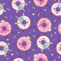 Seamless pattern with funny kawaii sweet donuts like unicorn. Cartoon background.