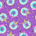 Seamless pattern with funny kawaii sweet donuts like unicorn. Cartoon background.