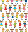 Seamless pattern of funny kids holding hands. Friendship concept. Happy cute doodle children Royalty Free Stock Photo