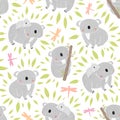Seamless pattern with funny koalas. Cute koalas, dragonflies and leaves on a white background. Hand drawn cartoon characters