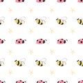 Seamless pattern with funny ladybug bee flowers Cute Background cartoon insects. Colorful hand drawn print Royalty Free Stock Photo