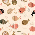 Seamless pattern with funny little bright fish on a light background. Sea fishes and sea elements starfish, ship, sun Royalty Free Stock Photo