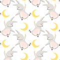 Seamless pattern of funny little hares hanging on the moon. Delicate pastel colors. Textiles, decor for a children\'s bedroom