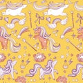 Seamless pattern with funny magic elements. Unicorn, wizard and miracle. Vector background Royalty Free Stock Photo