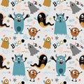 Seamless pattern with funny monsters. Holiday illustration. Horror cartoon. Funny animals. Baby background. Can be used