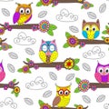 Seamless pattern with funny owl on branch Royalty Free Stock Photo