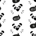 Seamless pattern with funny panda. Cartoon bear says Hello. Vector