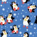 Seamless pattern with funny penguins and snowflakes