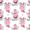 Seamless pattern of funny pigs with emotions of joy and embarrassment