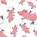 Seamless pattern with funny piggy on skates painted with watercolor on white background