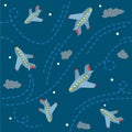 Seamless pattern with funny planes in the sky