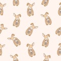 Seamless pattern with funny rabbit with closed eyes holding guinea pig on light background. Backdrop with cute hugging