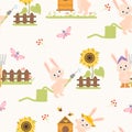 Seamless pattern with funny rabbits. cute bunny farmer with pitchfork near fence, watering sunflower from hose and beekeeper with