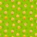 Seamless pattern with funny round yellow comic stickers on green background.