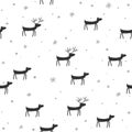 Seamless pattern with funny running deer herd in simple tribal style. Winter vector illustration. Hand drawn doodle