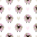 Seamless pattern with funny sheep made of yarn balls. Knitting illustration