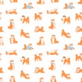 Seamless pattern with funny Shiba Inu dogs in various postures. Endless design with friendly Akita Inu puppies on white