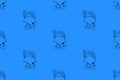 Seamless pattern with funny shy bunny. Fancy hare for print wrapping paper or fabric. Humble rabbit on blue background. Design