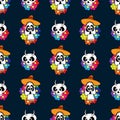 Seamless pattern with funny skulls and flowers. Drawn by hand. El Dia De Muertos. Vector illustration.