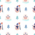 Seamless pattern with funny snowman with a broom, simple Christmas trees and snow glass globe Royalty Free Stock Photo