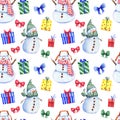 Seamless pattern with funny snowmen and gift boxes. Royalty Free Stock Photo